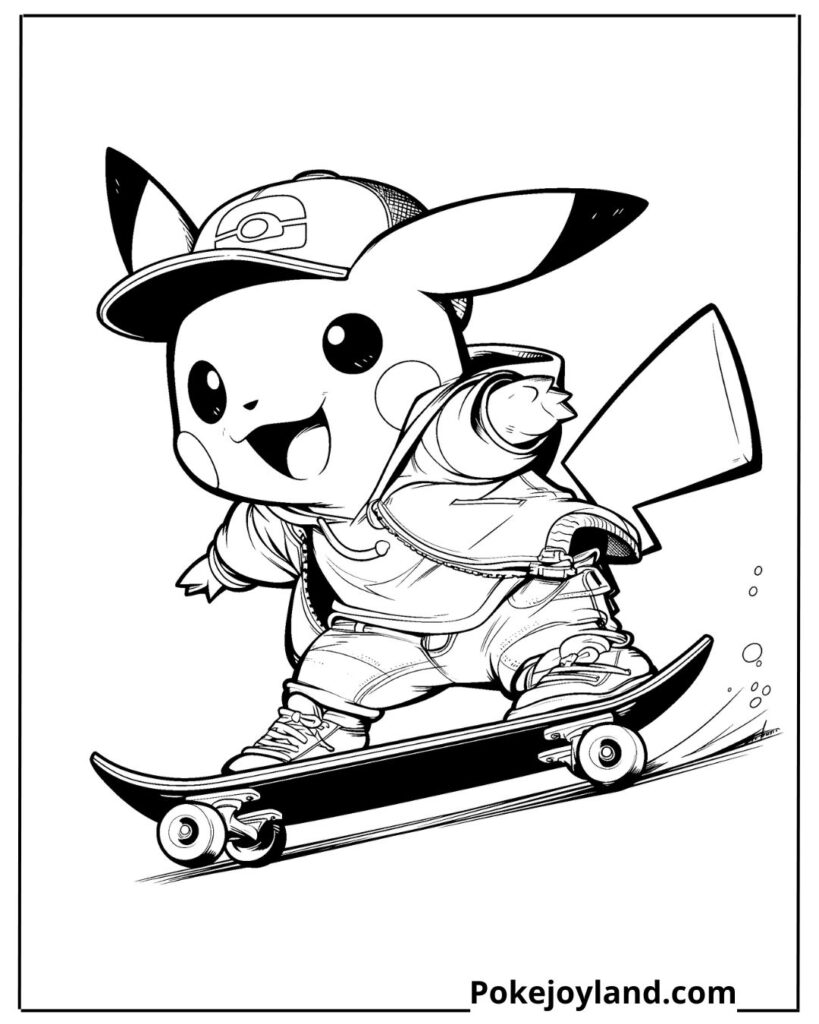 Pikachu riding a skateboard coloring page