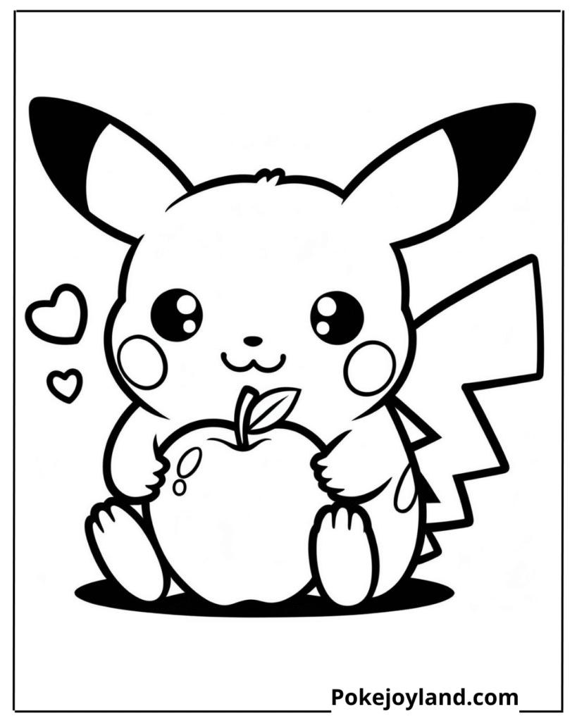 Pikachu holding Apple Coloring Page