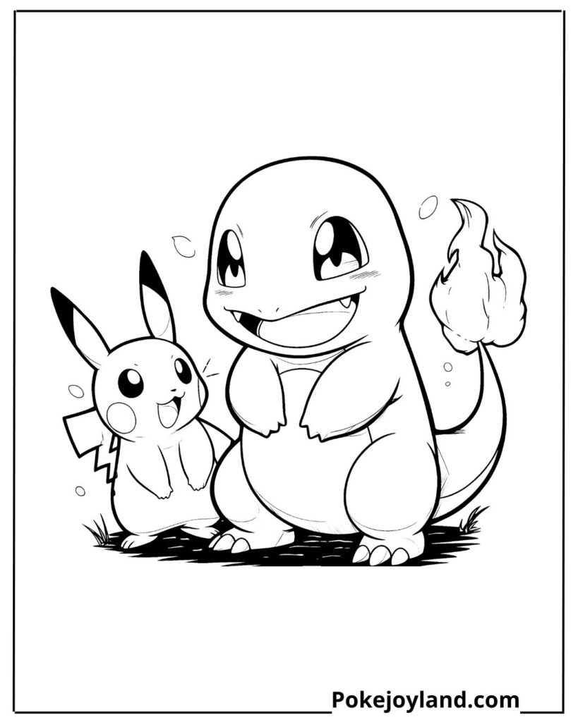 Kawaii pikachu and charmander coloring page
