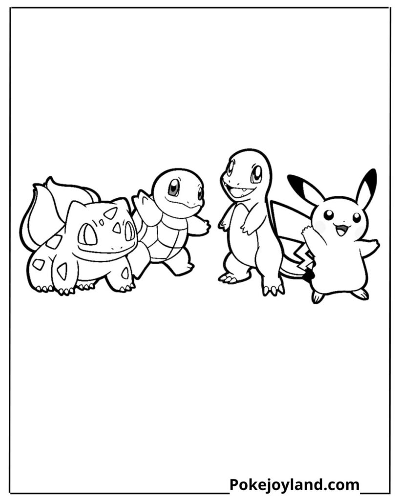 Pikachu bulbasaur squirtle and charmander coloring page
