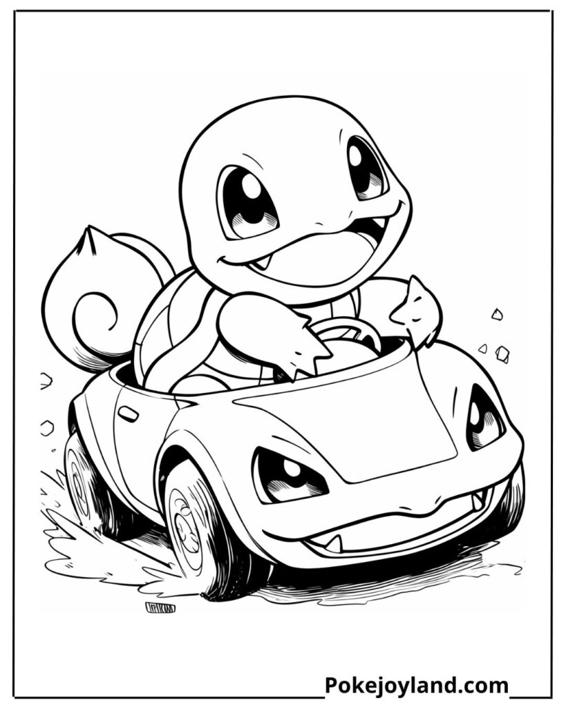 Squirtle drive car coloring page