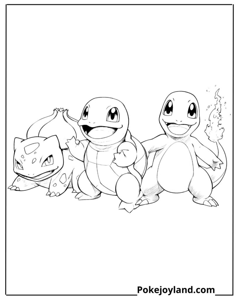 Squirtle and bulbasaur and charmander coloring page
