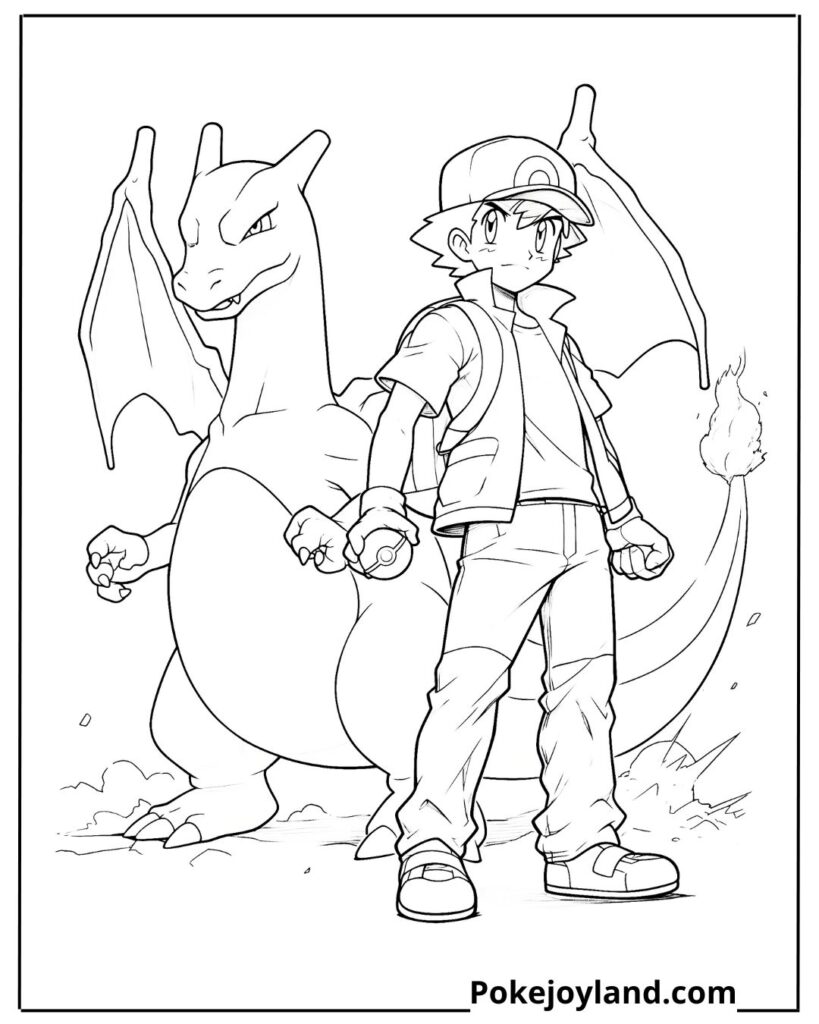 Ash and Charizard Coloring Page