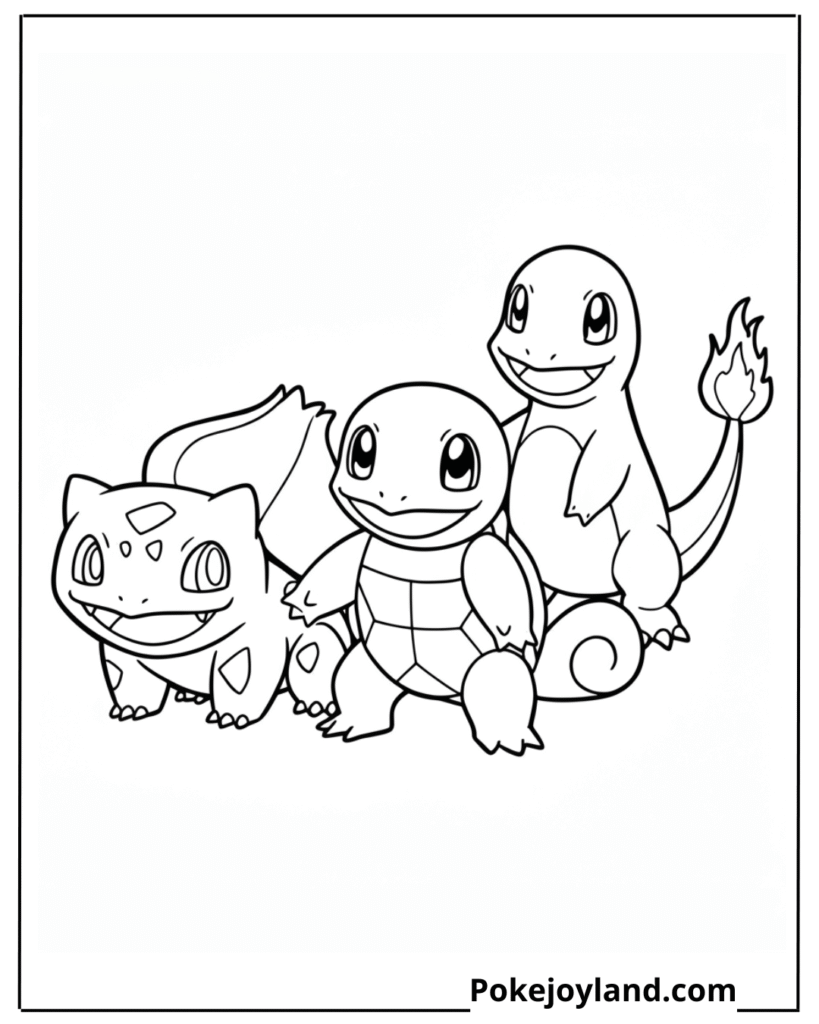 Bulbasaur and squirtle and charmander coloring page