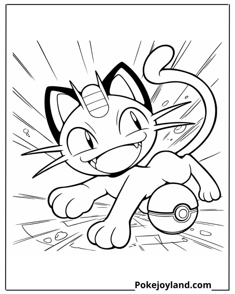 Meowth playing with Pokeball coloring page